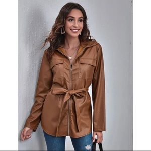 Flap pocket front belted zip up PU leather coat